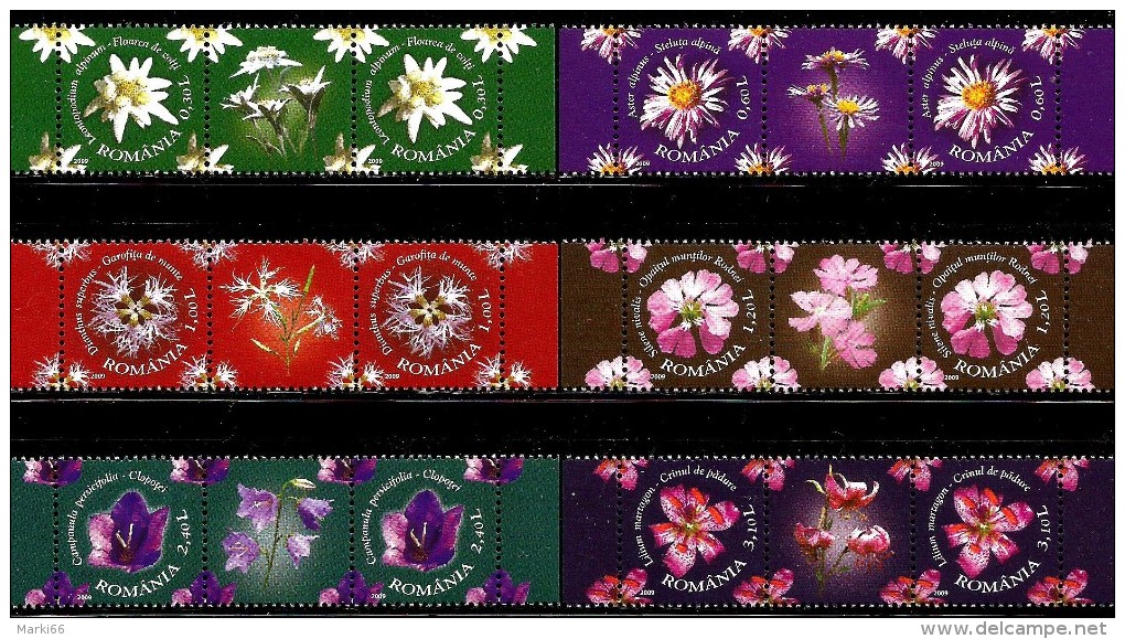 Romania - 2009 - Flowers From Mount Rodna Protected Area - Mint Stamp Pairs Set With Labels - Ongebruikt