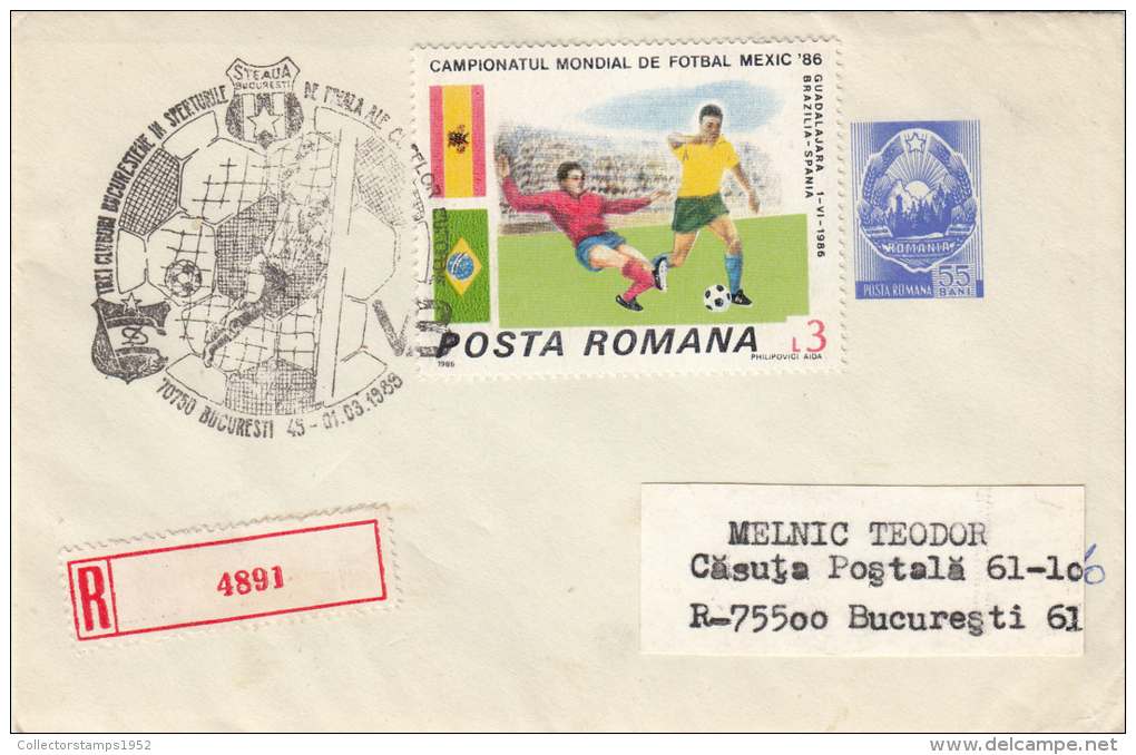 9832- SOCCER, ROMANIAN CLUBS IN EUROPEAN CUPS, STAMP AND SPECIAL POSTMARK ON REGISTERED COVER, 1989, ROMANIA - Lettres & Documents