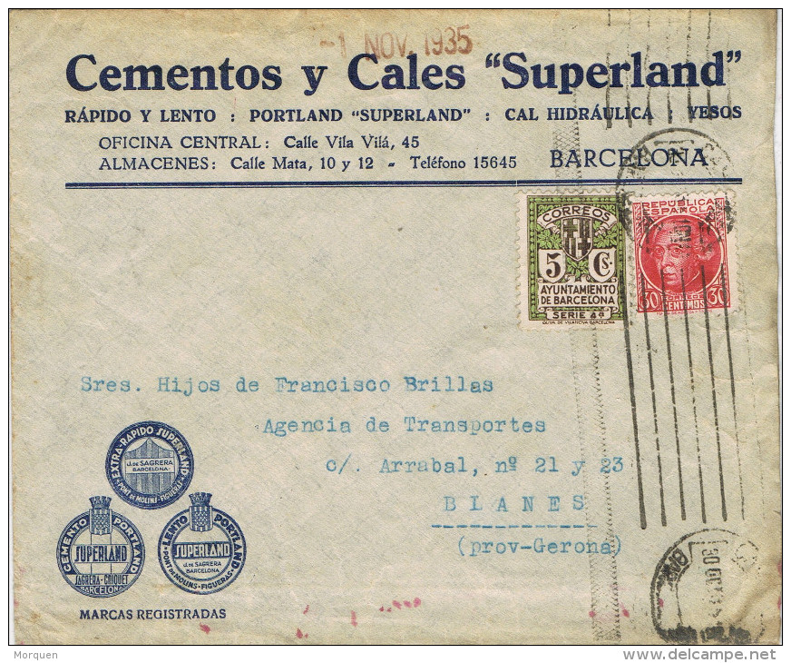 11180. Carta BARCELONA 1935. Recargo Exposicion - Barcelone