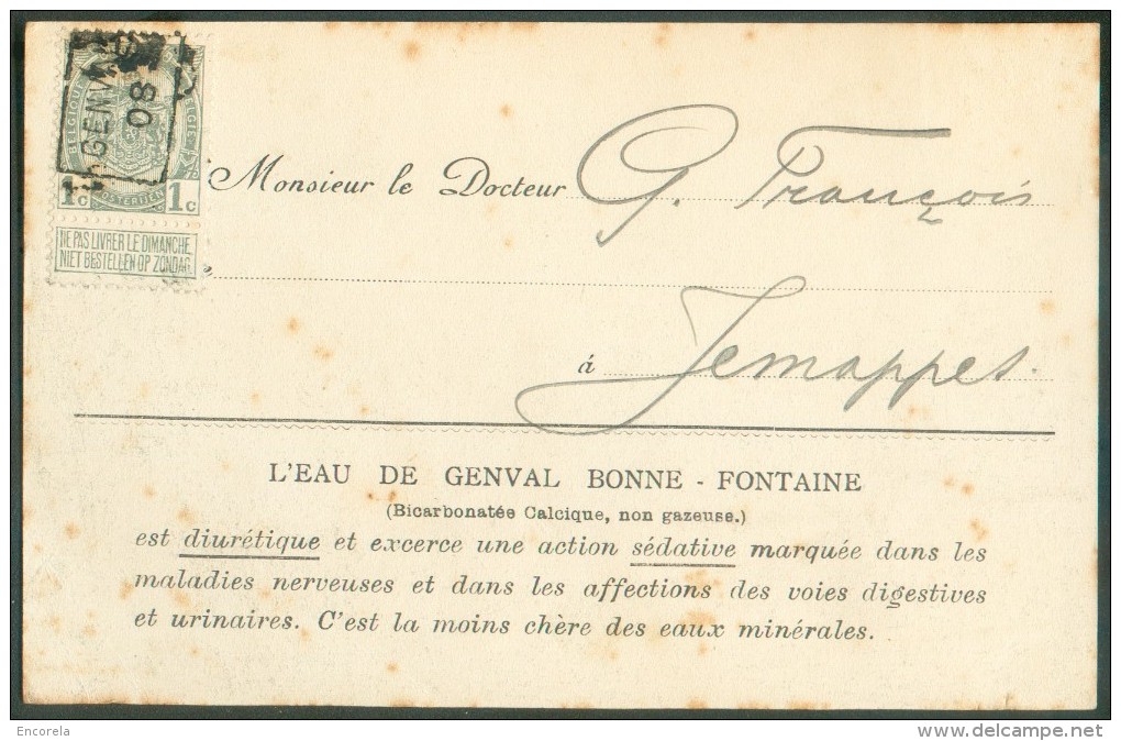 N°81 - 1 Centime Armoirie Surcharge GENVAL 08 Sur C.V. (Genval-les-Eaux Etablissement Des Eaux Minérales) Vers Jemappes - Rollo De Sellos 1900-09