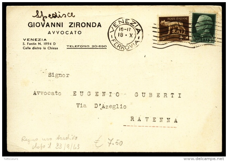 VENEZIA - 1943 - CARTOLINA INTESTATA - AVVOCATO ZIRONDA - Venezia (Venice)