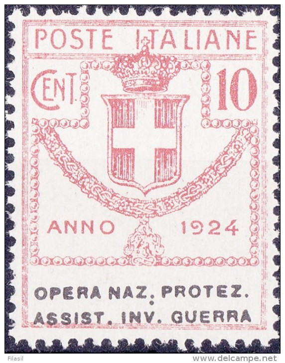 SI53D Italia Italy Regno Emesso 1924 Enti Semistatali 10 C.nuovi Sg. Filg. Corona Opera Naz. Protez. Assist. Inv. Guerra - Franchigia