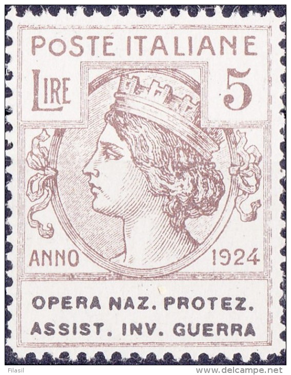 SI53D Italia Italy Regno Emesso 1924 Enti Semistatali 5 L.nuovi Sg. Filg. Corona Opera Naz. Protez. Assist. Inv. Guerra - Franchigia