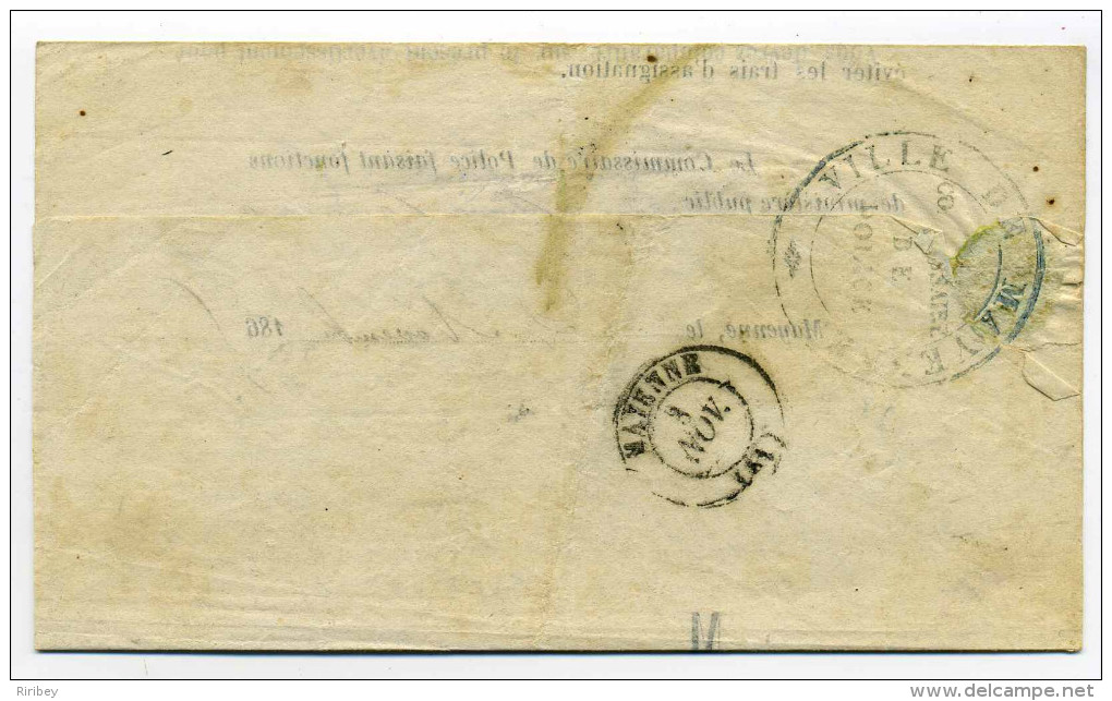 Taxe YTN°3 Seul Sur Lettre De MAYENNE / Dept 51 Mayenne / 2 Nov 1867 / Cachet De La Ville De Mayenne Au Verso - 1849-1876: Période Classique