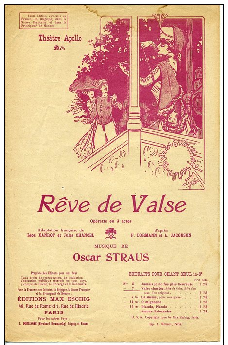 PARTITION X 2 OPÉRETTE RÊVE DE VALSE AIR 7 ET 7BIS OSCAR STRAUS  XANROF CHANCEL ILL CLÉRICE FRÈRES 1907 - Autres & Non Classés