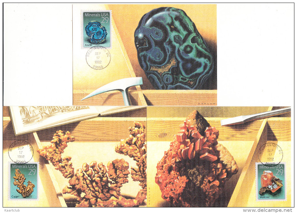 3 First  Day Of Issue Postcards : MINERALS USA 29C - 1992 - Copper, Azurite & Wulfenite - Washington D.C. - Postal History