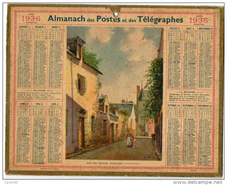 CALENDRIER GF 1936 - Rue Des Halles à GUERANDE (44 Loire Inférieure); Imprimeur Oberthur - Grand Format : 1921-40