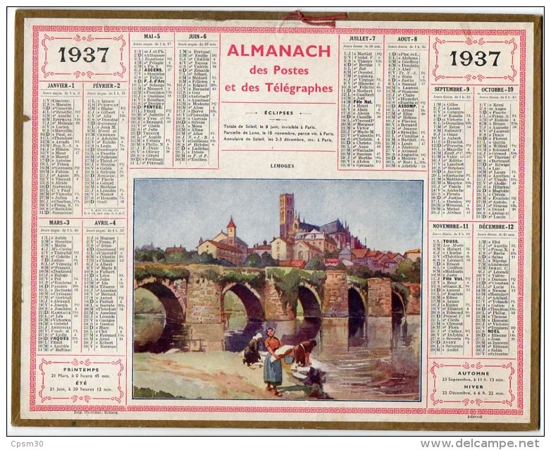 CALENDRIER GF 1937 - Lavandières à Coté Du Pont Et Rivière à Limoges (87 Haute-Vienne) - Imp Oberthur - Grand Format : 1921-40