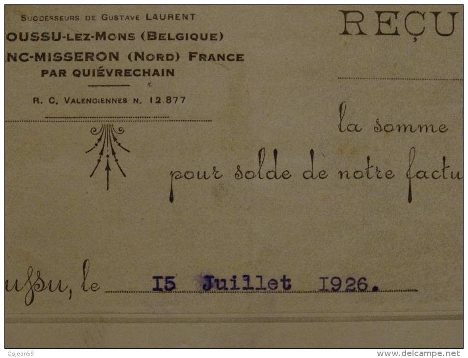 Reçu De La Firme Laurent Frères(filatures-corderiees-cablerie)du 13/07/1926 - 1900 – 1949