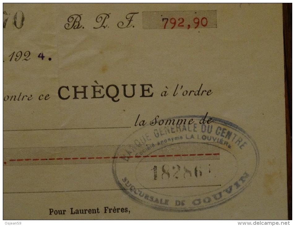 Reçu De La Societé Laurent Frère(Filatures-cordeneries-cableries) Du 31/101924 - 1900 – 1949