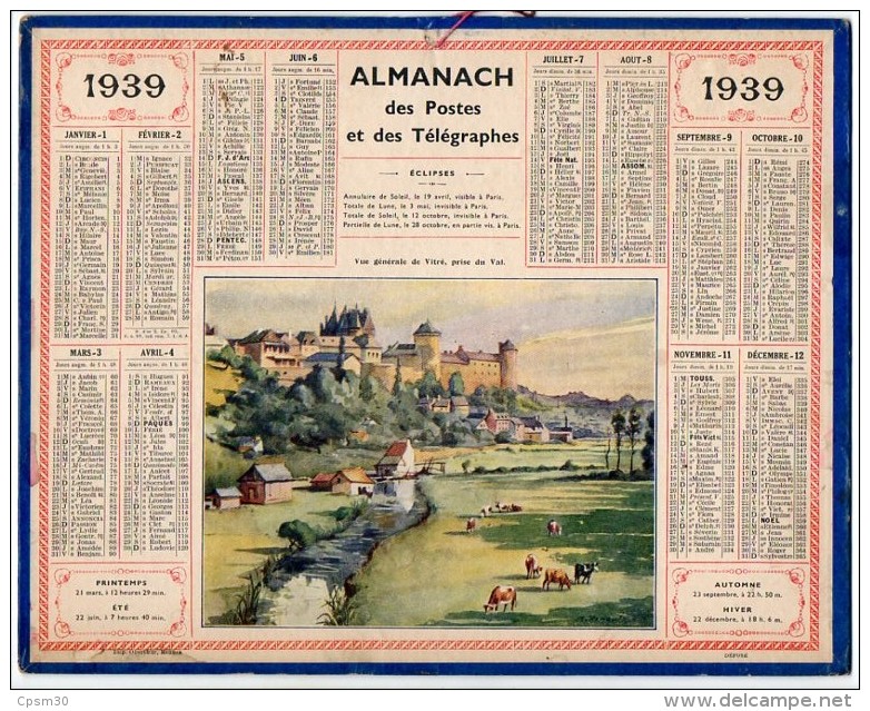 CALENDRIER GF 1939 - Vue Générale De VITRE; Prise Du Val (vaches Au Pâturage) - Imp Oberthur - Grand Format : 1921-40