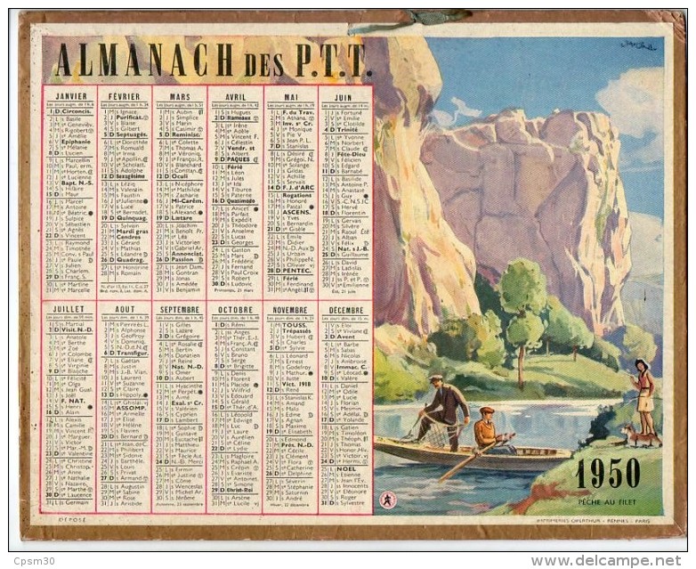 CALENDRIER GF 1950 - Pèche Au Filet - Imprimerie Oberthur - Grand Format : 1941-60