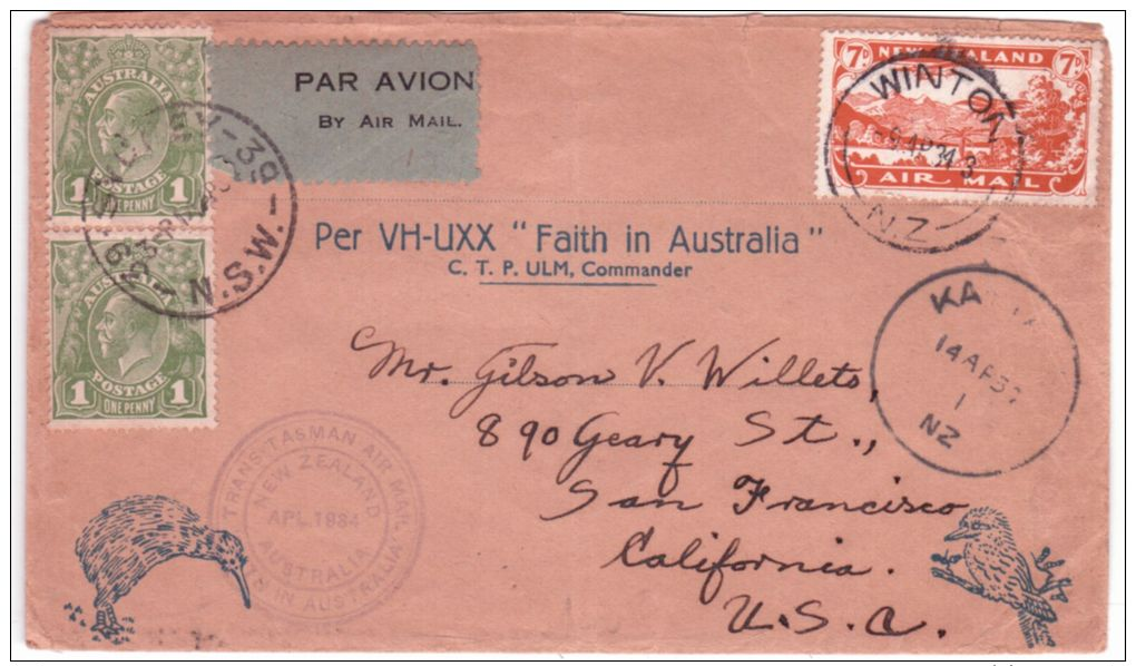 1934- Env. ILLUSTREE - Trans-Tasman Air Mail -New Zealand/ Australia Pour San Francisco - Lettres & Documents