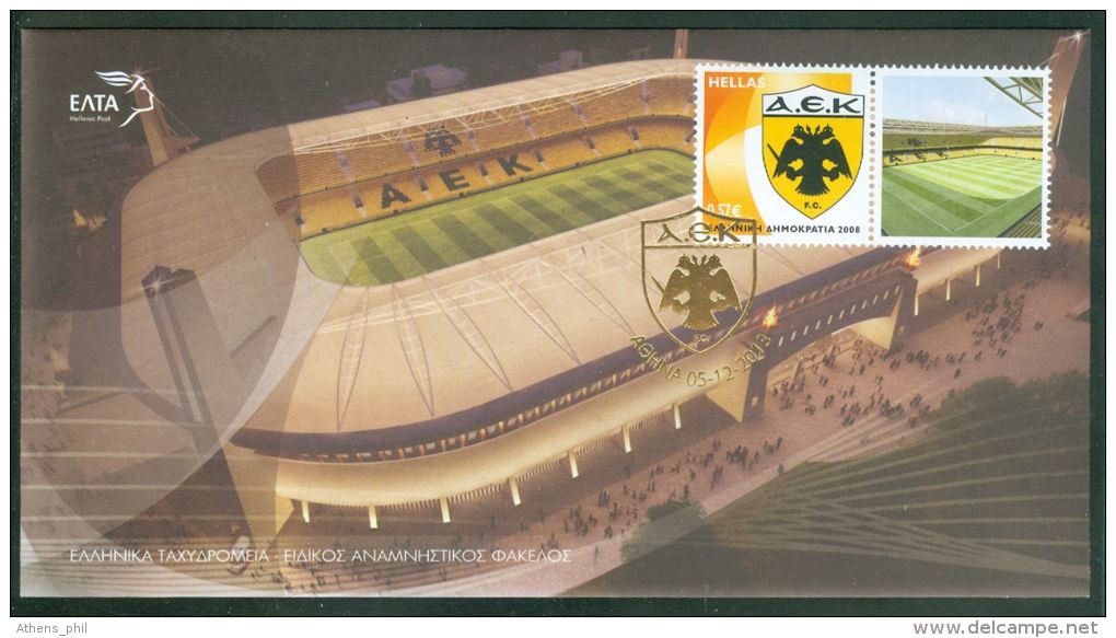 Personalized Stamp With Label Official Issue, Football Soccer Club AEK, Commemorative Cancel  Greece 2013, New Stadium - Club Mitici