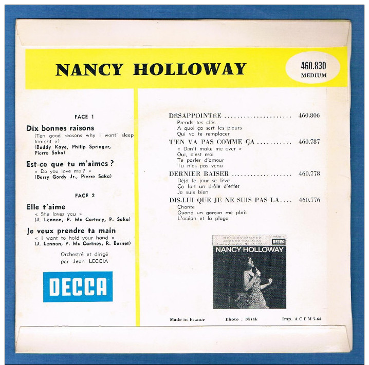 NANCY HOLLOWAY - VINYLE 45 Tours - Réf. 460.830 M - DECCA - Année 1964 - Autres - Musique Française