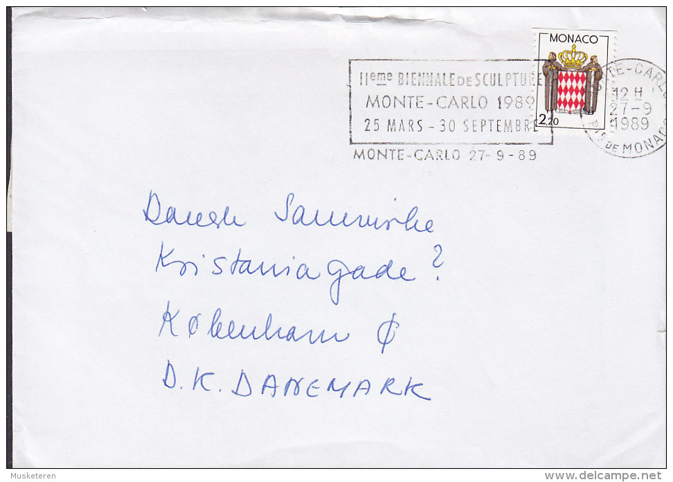 Monaco Flamme "Biennale De Sculpture" MONTE-CARLO 1989 Cover Lettre Landeswappen 3-sided Perf. Dog Hund Chien Label - Storia Postale