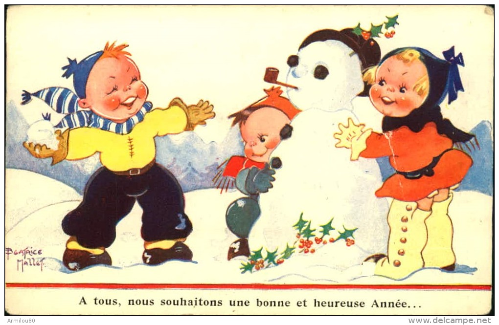 N°11 YY3-350 ILLUSTRATEUR BEATRICE MALLET A TOUS NOUS SOUHAITONS UNE BONNE ANNEE ENFANTS ET BONHOMME DE NEIGE SSS - Mallet, B.