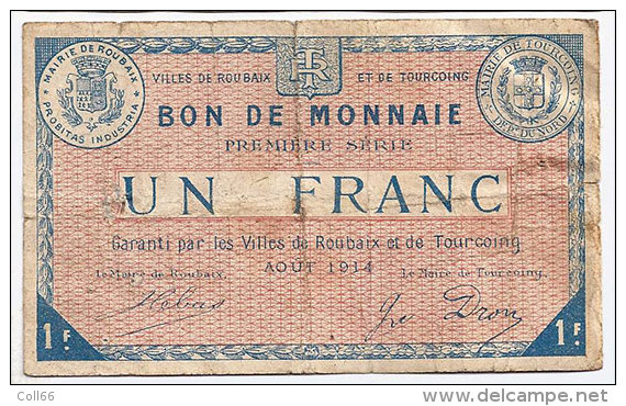 2 Billets Monnaie De Nécessité Villes De Roubaix Et Tourcoing 1914 Ww1  Scan Recto-verso Pour Détail - Autres & Non Classés