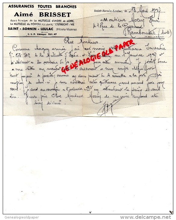 87 - ST - SAINT SORNIN LEULAC - ASSURANCES AIME BRISSET - MUTUELLE DE L' INDRE - 1957 - Banque & Assurance