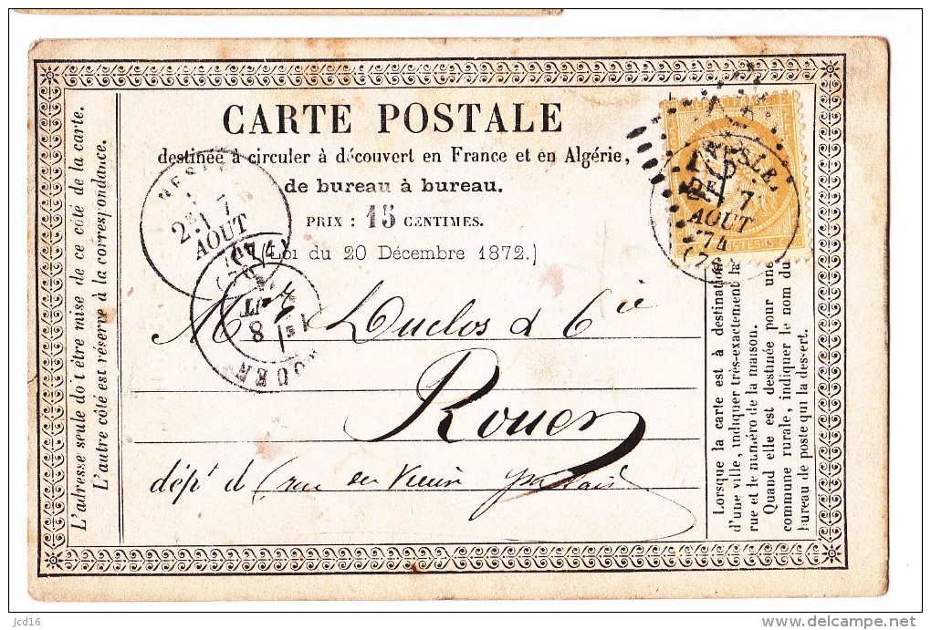 FRANCE Carte Postale Précurseurs Cérès 55 YT GC 2824 Août 1874 Nesle BAQUET BEAUDOIN Cachet Verso - Vorläufer