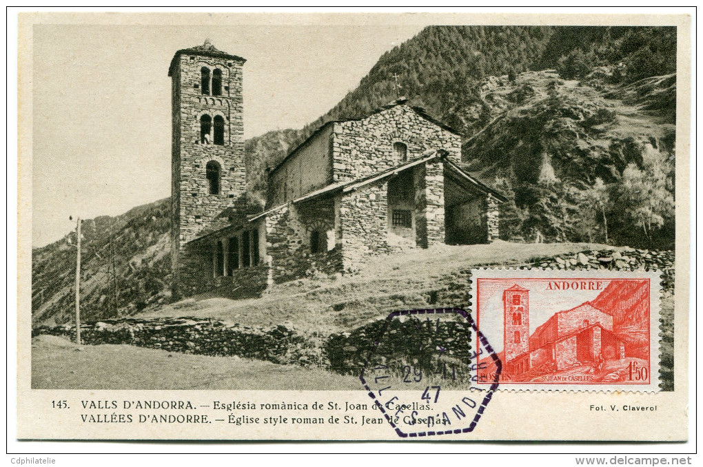 ANDORRE CARTE MAXIMUM DU N°102 SAINT-JEAN DE CASELLAS OBLITERATION 29-11-47 CANILLO - Cartes-Maximum (CM)