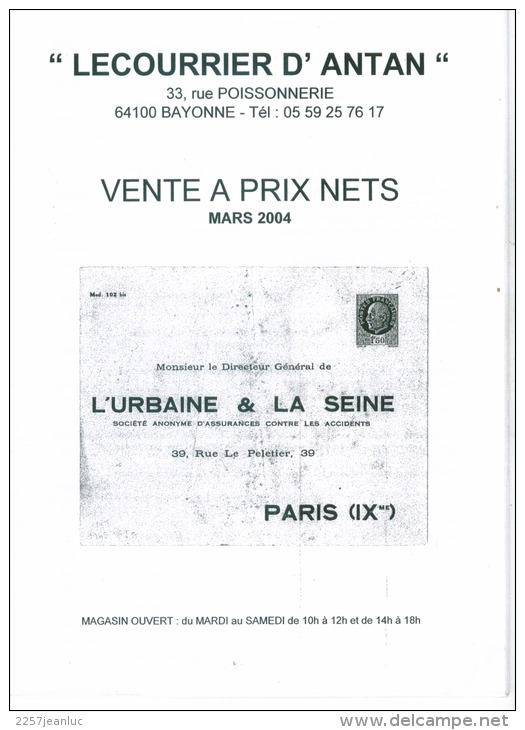 Catalogue  Lecourrier D'Antan  à Bayonne De  Mars 2004 - Catalogi Van Veilinghuizen