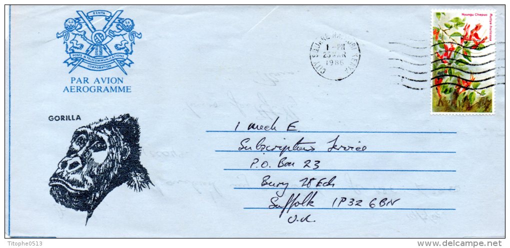 KENYA. Aérogramme Illustrée Ayant Circulé En 1986. Gorille. - Gorilas