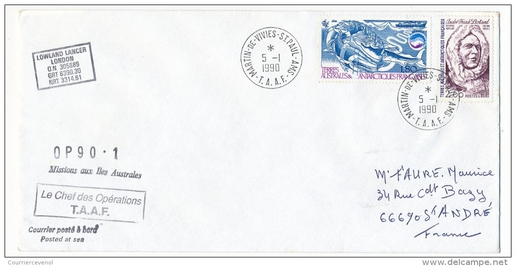 Enveloppe TAAF - Martin De Vivies St Paul Ams - OP 90-1 - 1990 - Covers & Documents