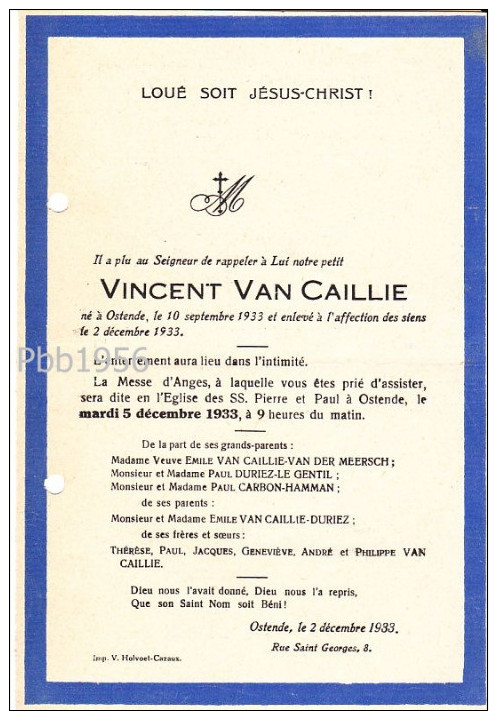 Vincent VAN CAILLIE - Oostende 1933 - (Fam Van Caillie, Van Der Meersch, Duriez, Le Gentil, Carbon-Hamman - Décès