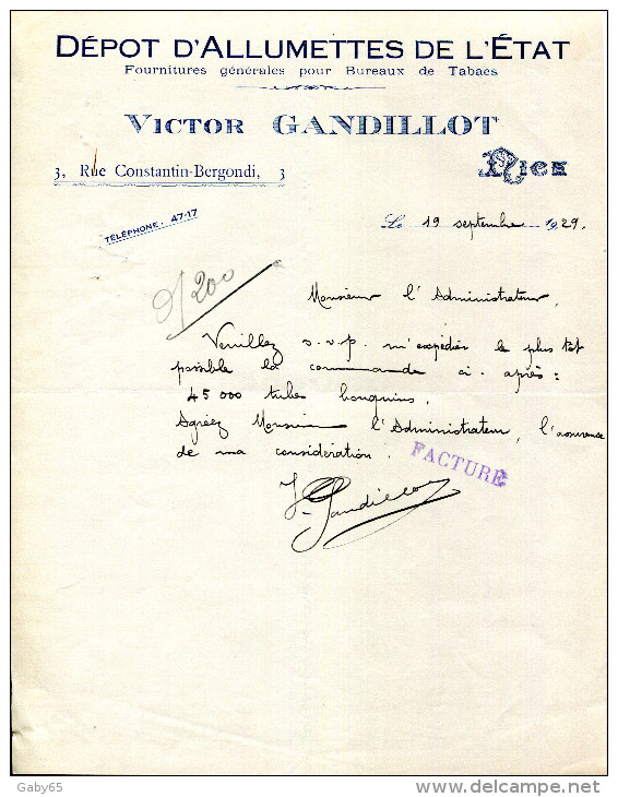 06.ALPES MARITIME.NICE.DEPOT D´ALLUMETTES DE L´ETAT.VICTOR GANDILLOT 5 RUE CONSTANTIN-BERGONDI. - Autres & Non Classés