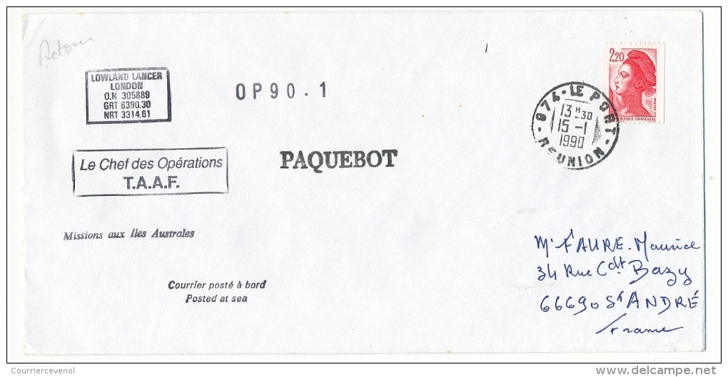 Enveloppe TAAF - 974 Le Port Réunion 1990 - Paquebot - Mission Aux Iles Australes OP 90 - 1 - Brieven En Documenten