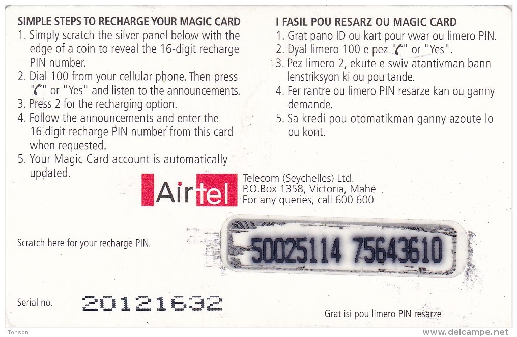 Seychelles, SR50, Airtell Magic Mobile Recharge Card, 2 Scans . - Seychelles