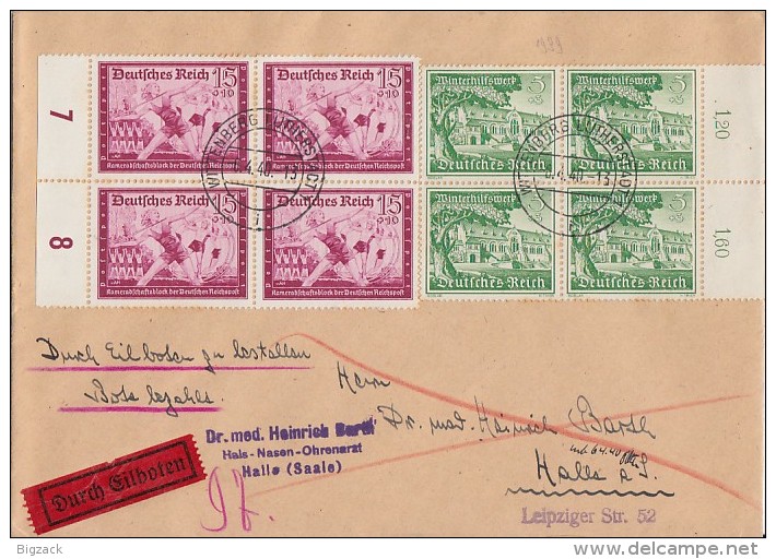 DR Brief Eilbote Mif Minr.4x 709 4er Block, 4x 732 4er Block Wittenberg 6.4.40 - Covers & Documents