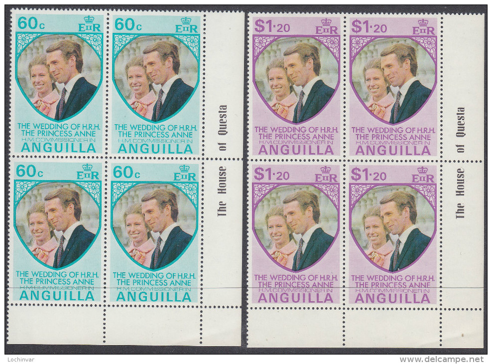 ANGUILLA, 1973 ROYAL WEDDING 2 CNR BLOCKS 4 MNH - Anguilla (1968-...)