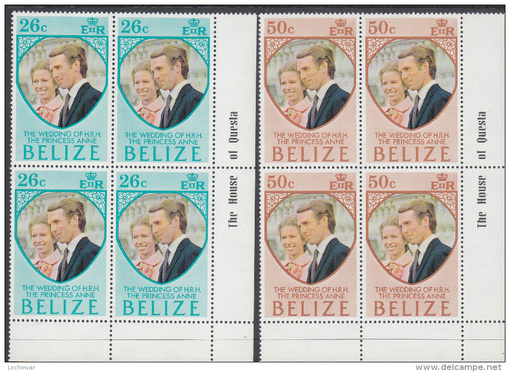 BELIZE, 1973 ROYAL WEDDING 2 CNR BLOCKS 4 MNH - Belize (1973-...)