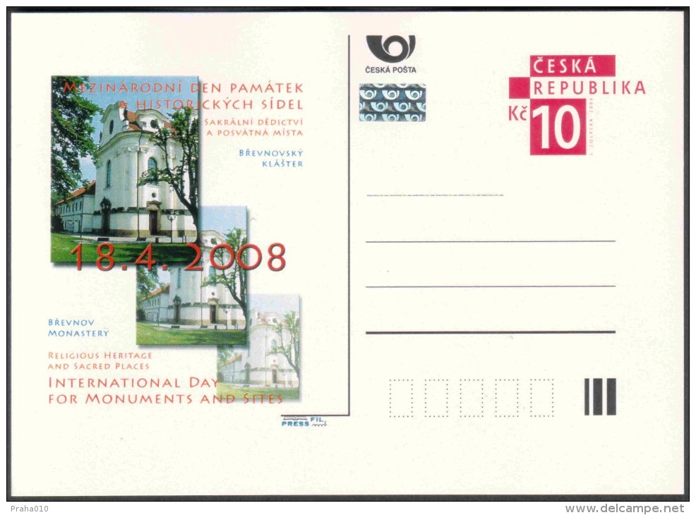 Czech Rep. / Postal Stat. (Pre2008/07) International Day Of Monuments And Historical Sites 2008 - Brevnov Monastery - Abadías Y Monasterios