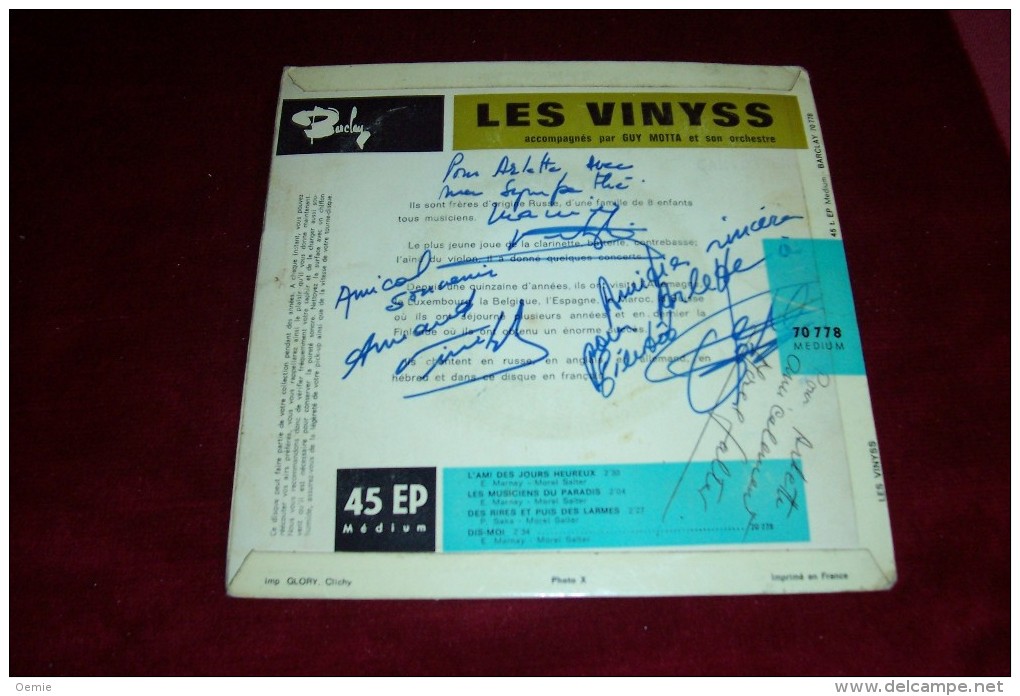 AUTOGRAPHE SUR VINYLE 45 TOURS  ° LES VINYSS   L'AME DES JOURS HEUREUX + 3 TITRES  ANNEES 60 - Autogramme