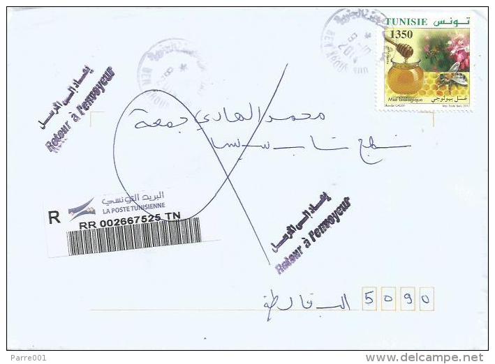 Tunisia Tunisie 2014 Ben Arous Sud Biological Honey Bee Returned Sender Handstamp Domestic Barcoded Registered Cover - Tunesië (1956-...)