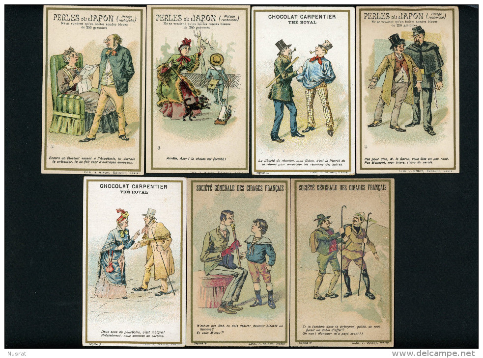 Lot De 7 Chromos Lith. Minot VM2-3-3 Personnages, Humour, Différentes Marques, Perles Japon, Carpentier, Fulgor - Autres & Non Classés