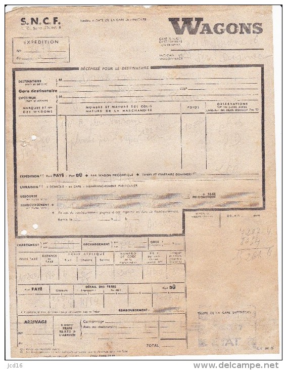 FRANCE SNCF Expédition Wagons Gare ANGOULEME à SERS DIGNAC 1947 - Transport