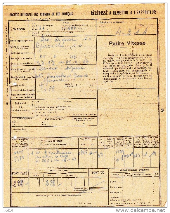 FRANCE SNCF Récépissé Expédition Wagons Gare  SERS DIGNAC Petite Vitesse 25 Février 1943 - Transport