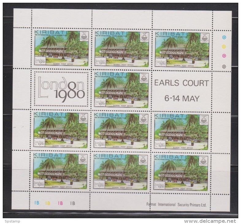 Kiribati 1980 London Stamp Exhibition Set 4 In MNH Sheetlets Of 10 With Labels & Gutter Pairs - Ship Plane Communication - Kiribati (1979-...)