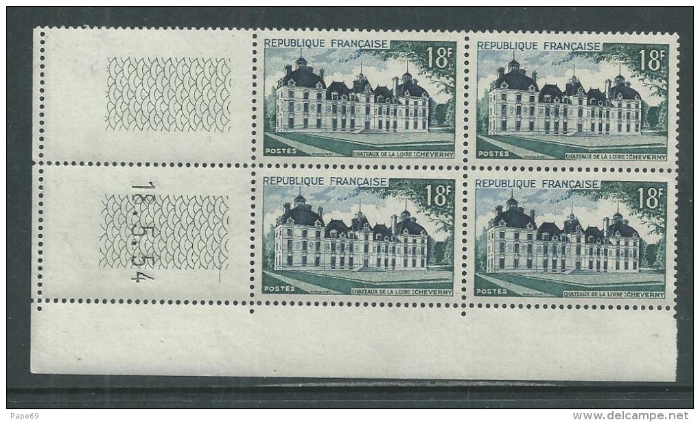 France N° 980 XX Château De Cheverny  En Bloc De 4 Coin Daté Du  18 . 5. 54 ; 1 Trait Sans Charnière, TB - 1950-1959