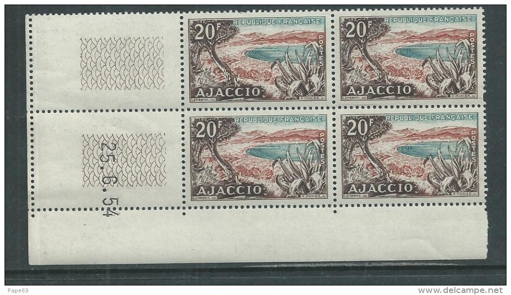 France N° 981 XX Baie D'Ajaccio  En Bloc De 4 Coin Daté Du  25 . 6. 54 ; Sans Trait Sans Charnière, TB - 1950-1959