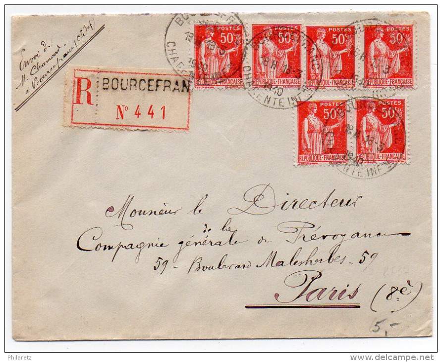 Paix 50c X6 Sur Lettre Recommandée De 1940 - 1921-1960: Modern Period