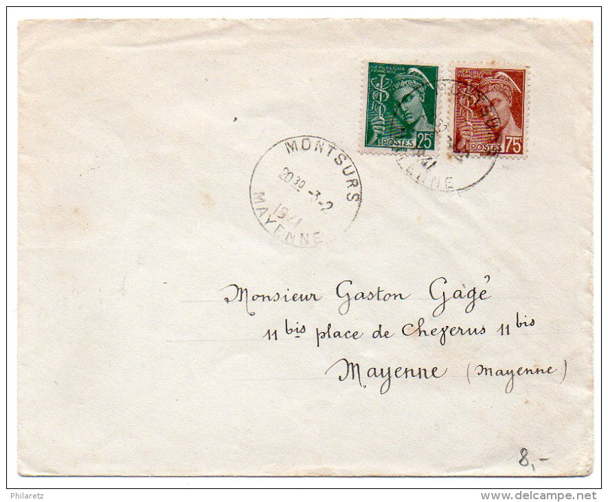 Mercure 25 + 75c Sur Lettre De 1941 - 1921-1960: Modern Period