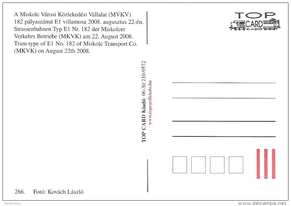 TRAM * RAIL * RAILWAY * RAILROAD * EX VIENNA TRAMWAY * AUSTRIA * AUSTRIAN * MVKV * MISKOLC * Top Card 0266 * Hungary - Tram