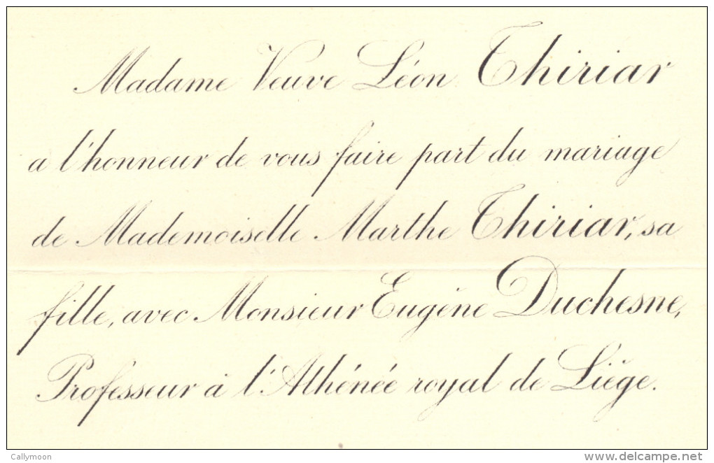 Liège, Le 9 Août 1893- Melle Thiriar & Mr Duchesne, Professeur à L´Athénée Royale De Liège. - Mariage