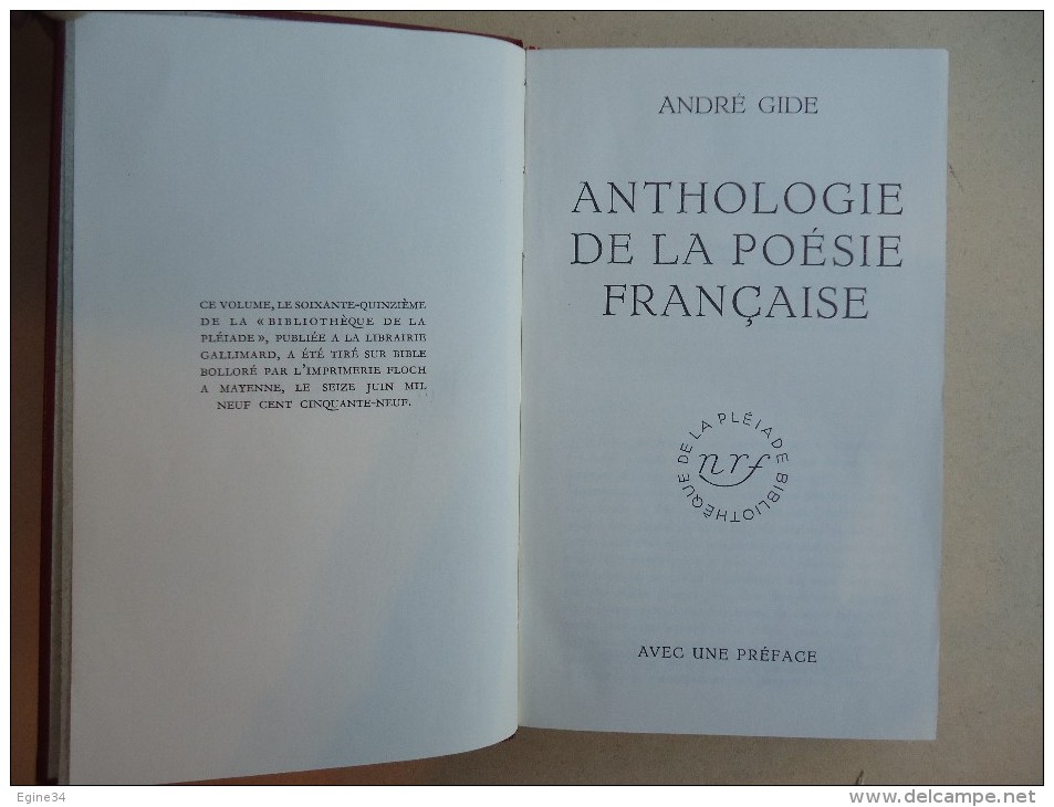 Bibliothèque De La La PLEIADE - André GIDE - Anthologie De La Poésie Française - No 75 - 1959 - La Pleiade