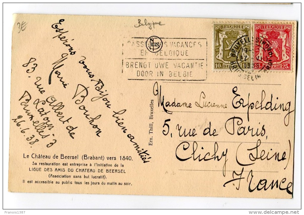 Ref 195 - BELGIQUE - Le Château De BEERSEL (1938) - Scan Du Verso - Beersel
